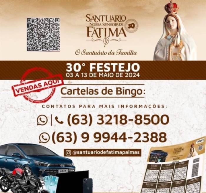 30° Festejo do Santuário de Fátima sorteará carro e viagem para litoral nordestino