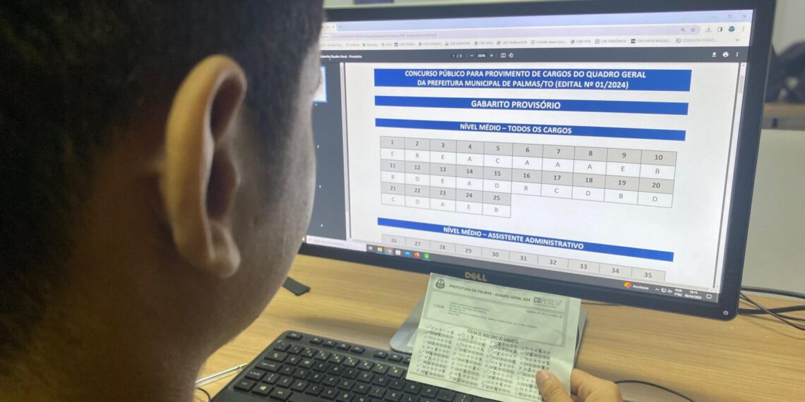 Banca publica gabaritos provisórios do concurso do Quadro Geral de Palmas; resultado final está previsto para 30 de maio