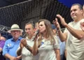 Dorinha Seabra em evento da pré-candidatura ao Palácio Araguaia em Araguaína ao lado do prefeito Wagner Rodrigues e do governador Wanderlei Barbosa